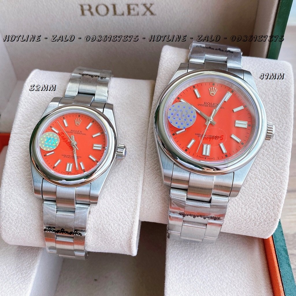 Đồng Hồ Rolex Cặp Automatic Dây Bạc Mặt Đỏ 41mm-32mm