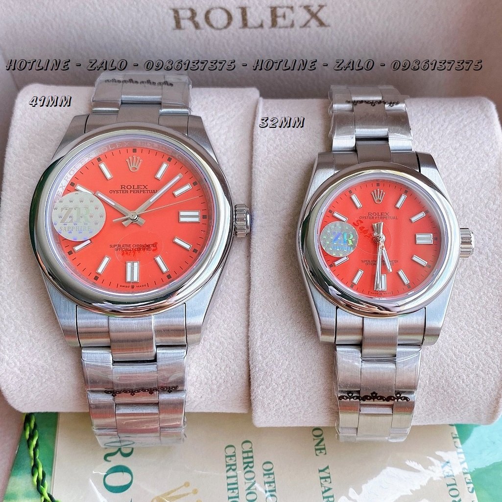 Đồng Hồ Rolex Cặp Automatic Dây Bạc Mặt Đỏ 41mm-32mm