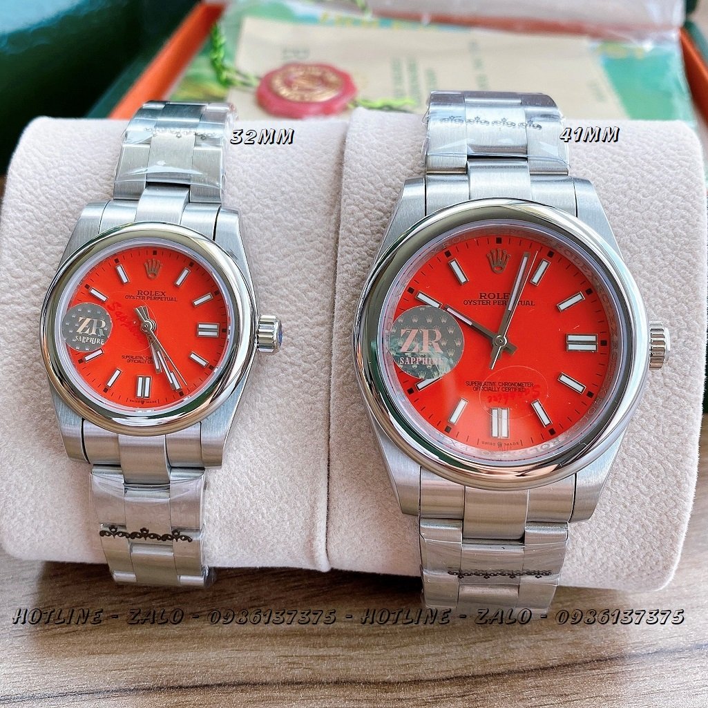 Đồng Hồ Rolex Cặp Automatic Dây Bạc Mặt Đỏ 41mm-32mm