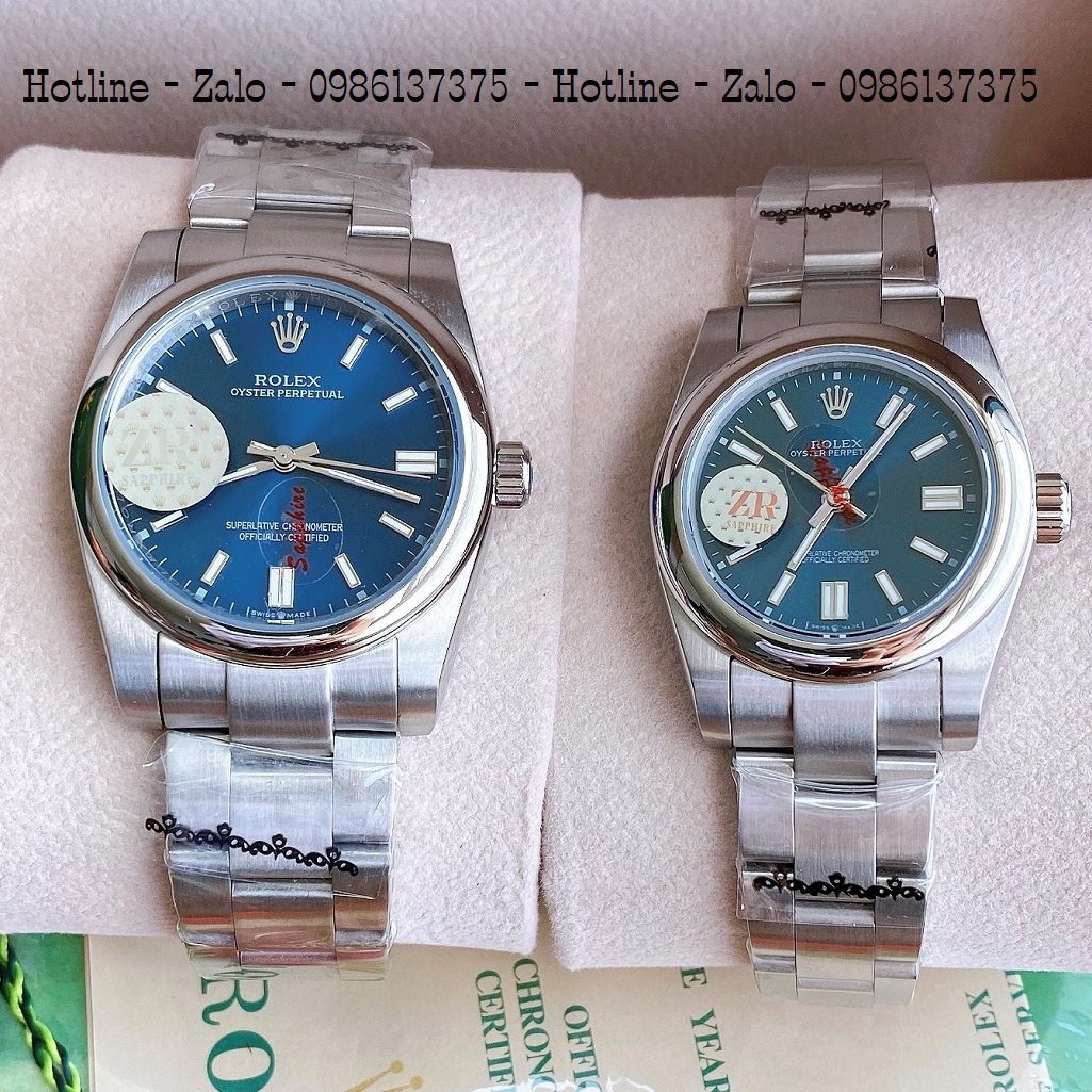 Đồng Hồ Rolex Cặp Automatic Dây Bạc Mặt Xanh Dương 36mm-32mm