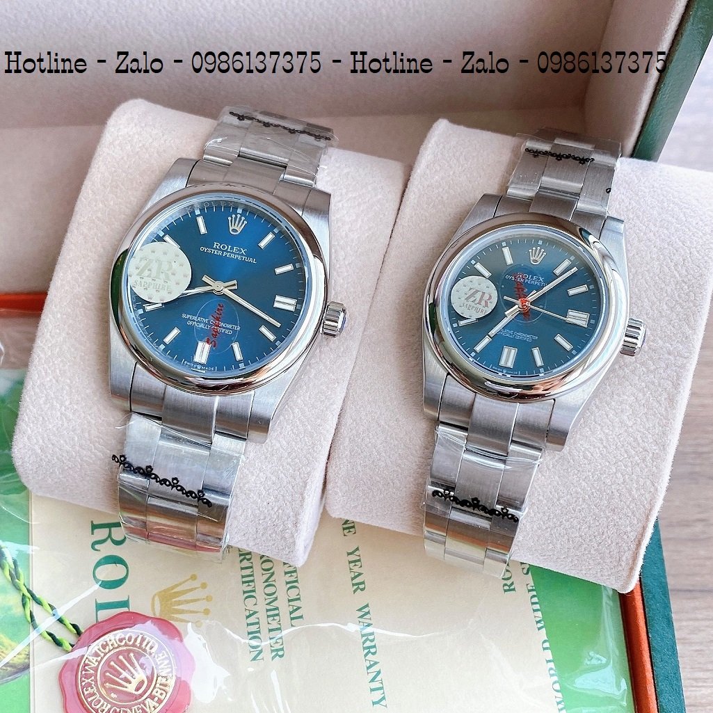 Đồng Hồ Rolex Cặp Automatic Dây Bạc Mặt Xanh Dương 36mm-32mm