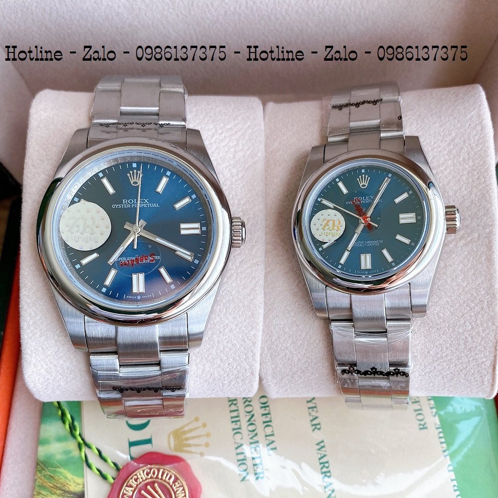 Đồng Hồ Rolex Cặp Automatic Dây Bạc Mặt Xanh Dương 41mm-32mm