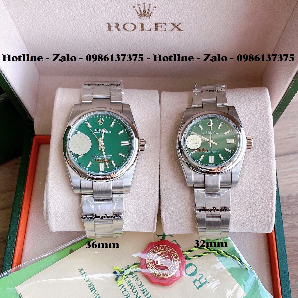 Đồng Hồ Rolex Cặp Automatic Dây Bạc Mặt Xanh Lá 36mm-32mm