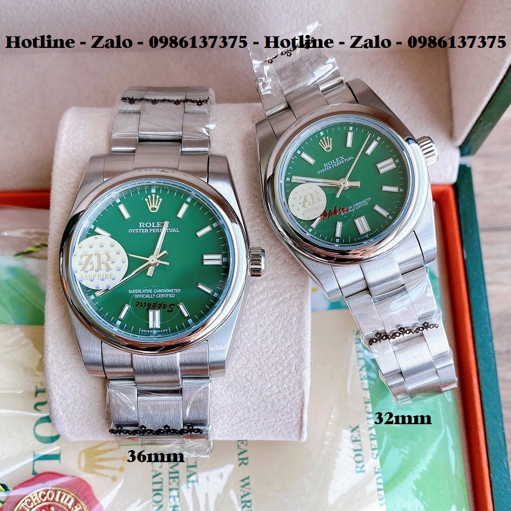 Đồng Hồ Rolex Cặp Automatic Dây Bạc Mặt Xanh Lá 36mm-32mm