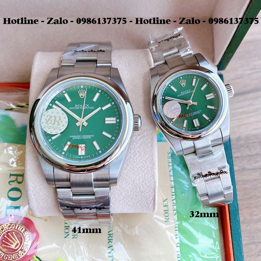 Đồng Hồ Rolex Cặp Automatic Dây Bạc Mặt Xanh Lá 41mm-32mm