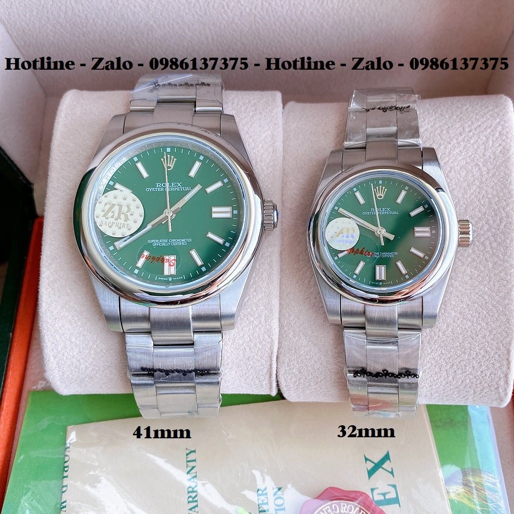 Đồng Hồ Rolex Cặp Automatic Dây Bạc Mặt Xanh Lá 41mm-32mm