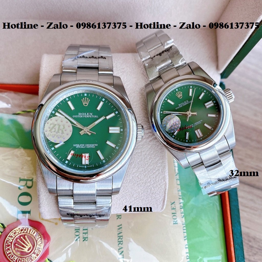 Đồng Hồ Rolex Cặp Automatic Dây Bạc Mặt Xanh Lá 41mm-32mm