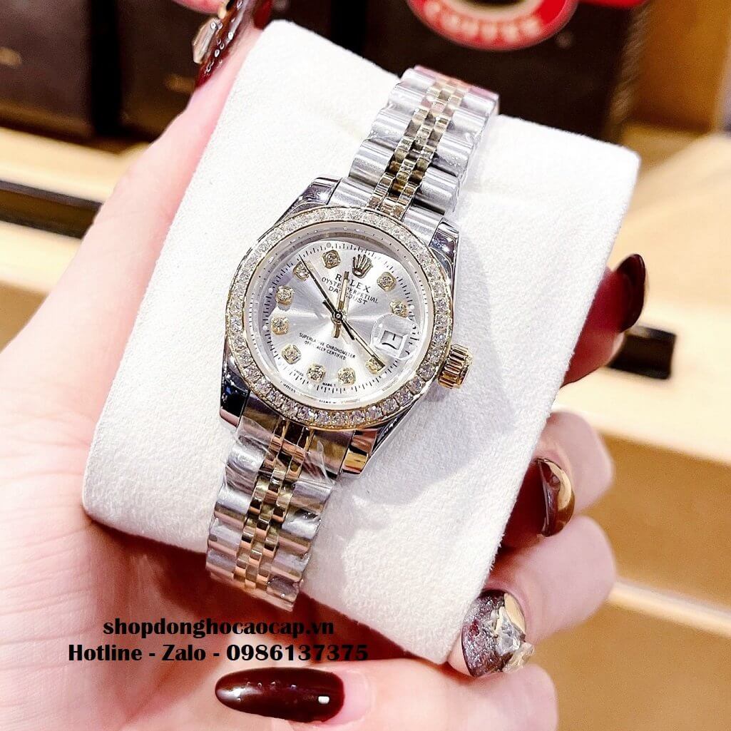 Đồng Hồ Rolex Cặp Nam Nữ Máy Pin Viền Đá Demi Trắng 41mm - 28mm