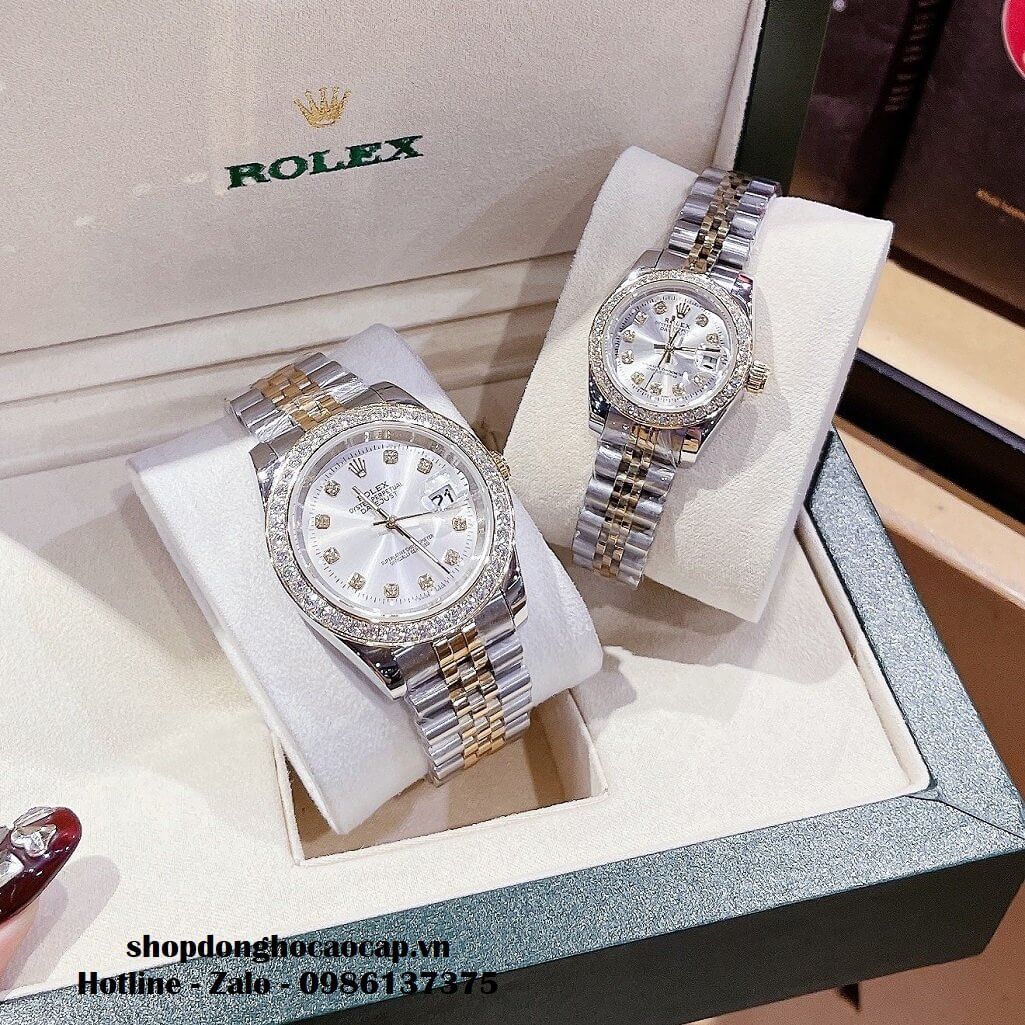 Đồng Hồ Rolex Cặp Nam Nữ Máy Pin Viền Đá Demi Trắng 41mm - 28mm