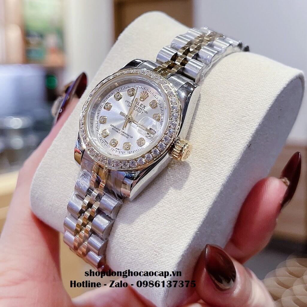 Đồng Hồ Rolex Cặp Nam Nữ Máy Pin Viền Đá Demi Trắng 41mm - 28mm