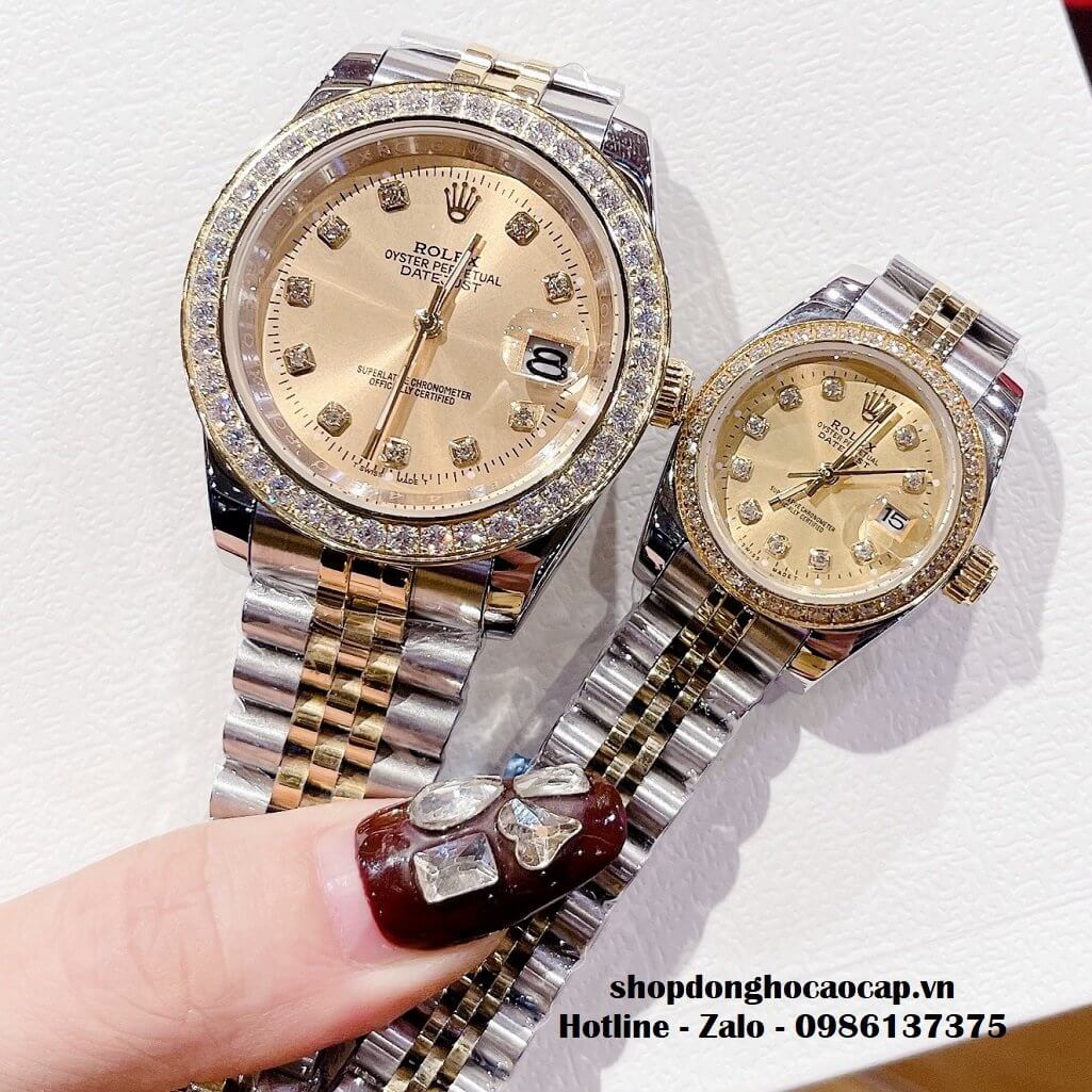 Đồng Hồ Rolex Cặp Nam Nữ Máy Pin Viền Đá Demi Vàng 41mm - 28mm