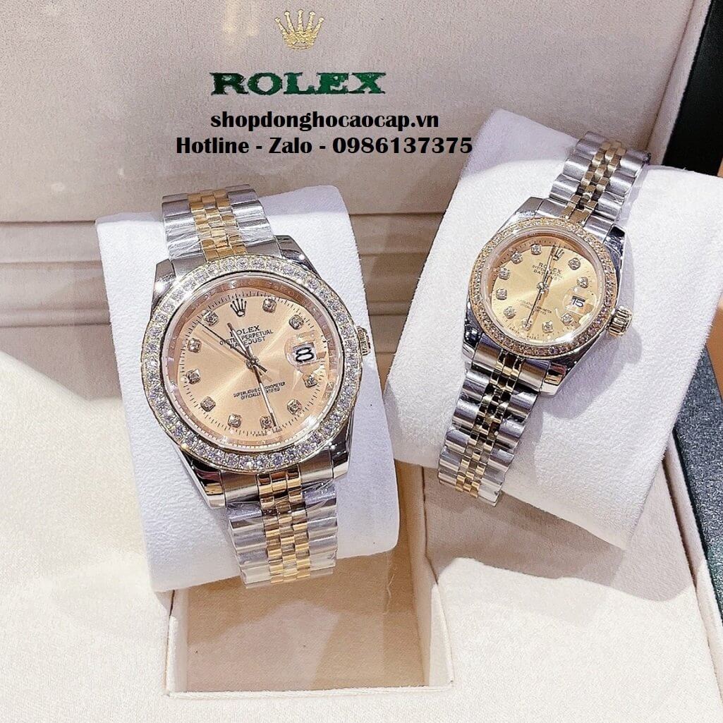 Đồng Hồ Rolex Cặp Nam Nữ Máy Pin Viền Đá Demi Vàng 41mm - 28mm