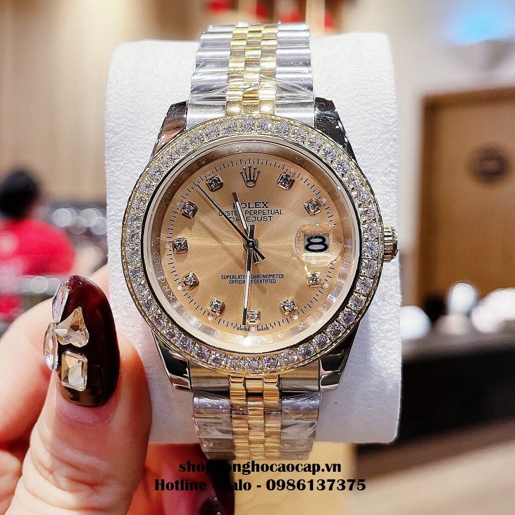 Đồng Hồ Rolex Cặp Nam Nữ Máy Pin Viền Đá Demi Vàng 41mm - 28mm