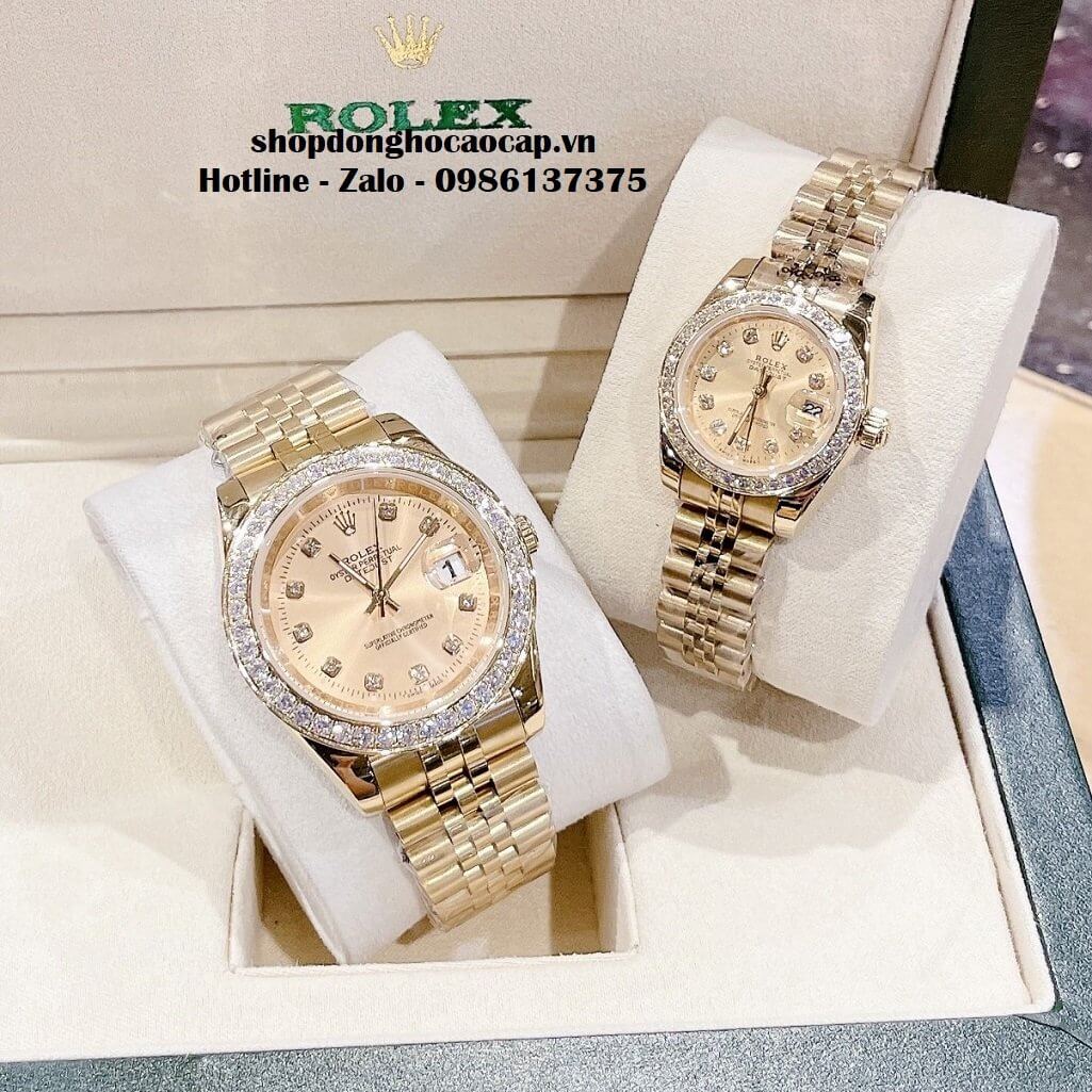 Đồng Hồ Rolex Cặp Nam Nữ Máy Pin Viền Đá Gold 41mm - 28mm