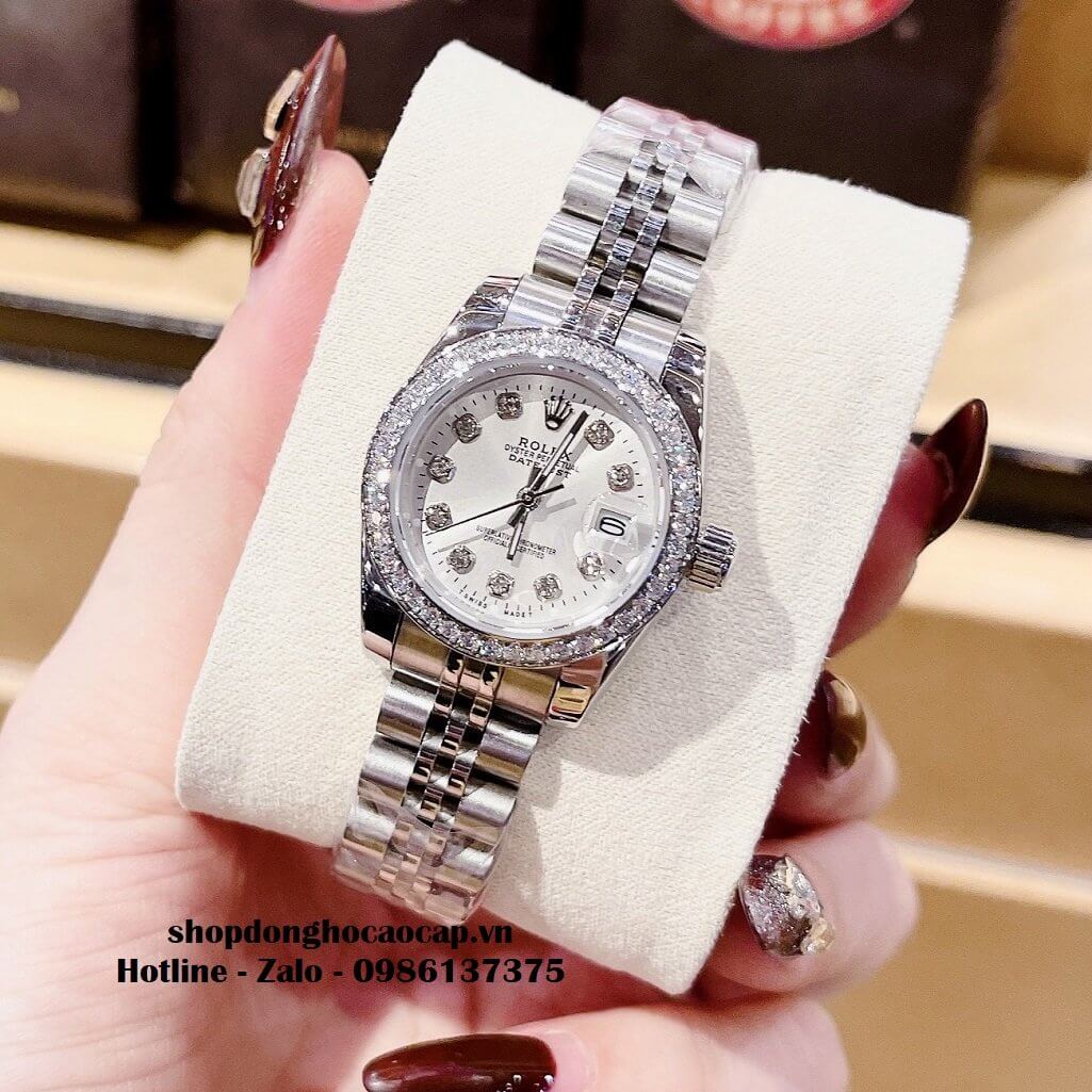 Đồng Hồ Rolex Cặp Nam Nữ Máy Pin Viền Đá Silver 41mm - 28mm