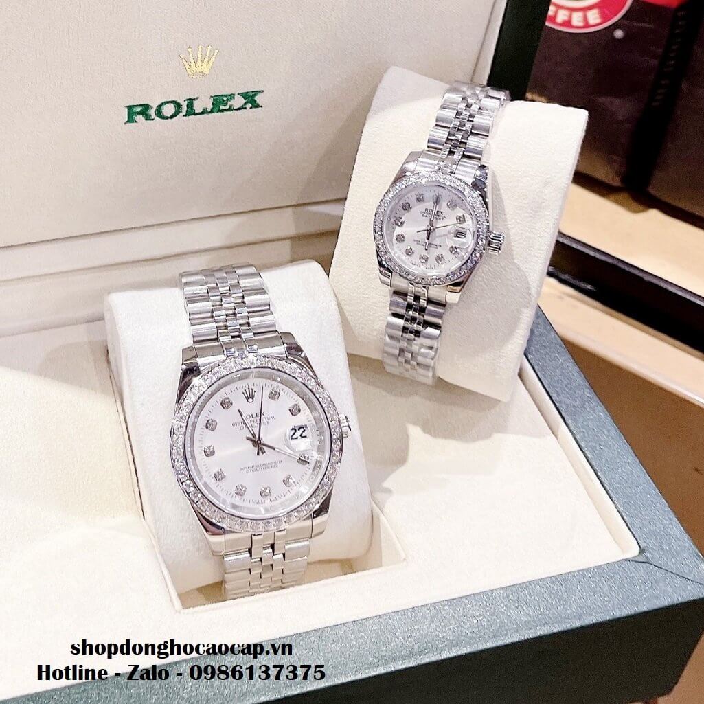 Đồng Hồ Rolex Cặp Nam Nữ Máy Pin Viền Đá Silver 41mm - 28mm