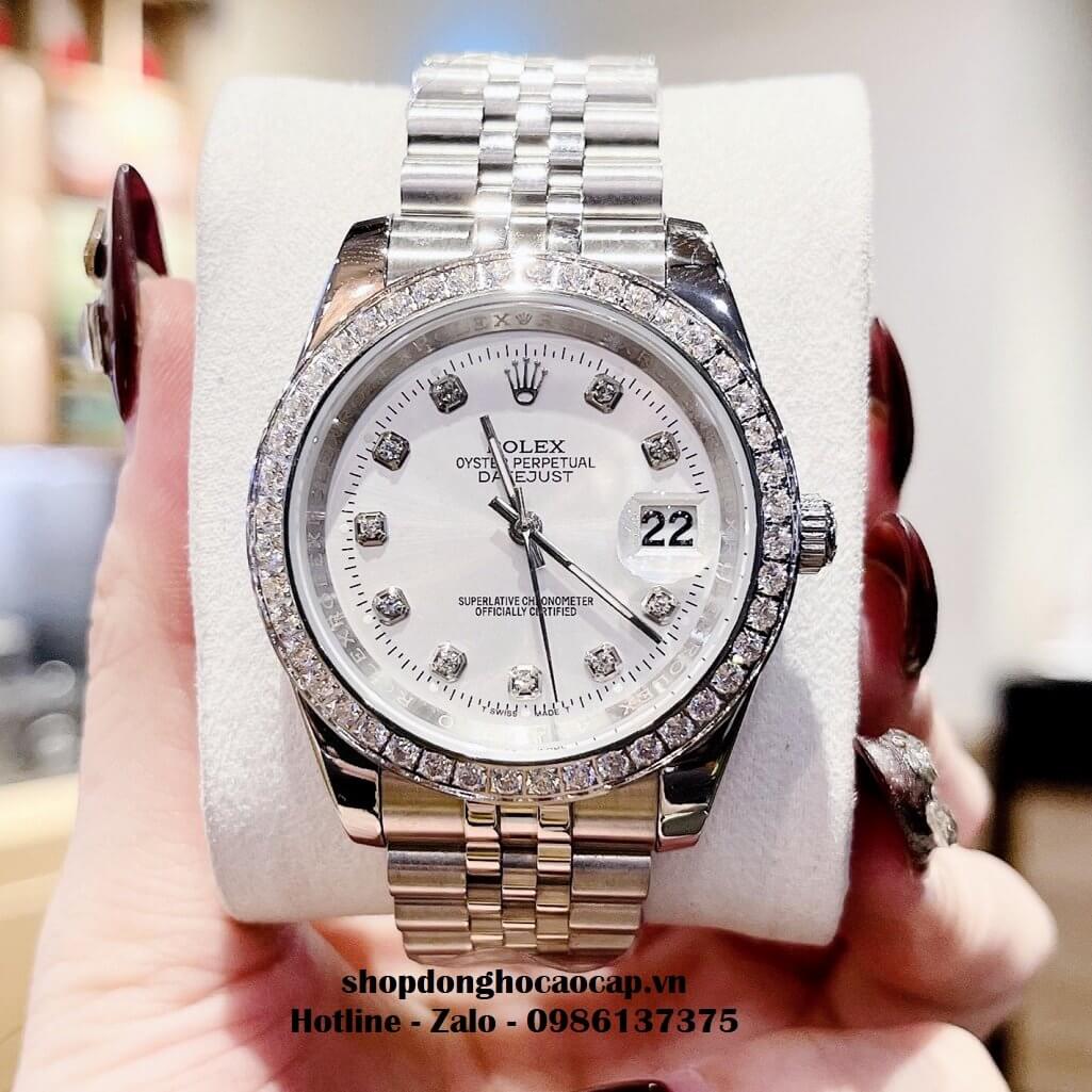 Đồng Hồ Rolex Cặp Nam Nữ Máy Pin Viền Đá Silver 41mm - 28mm