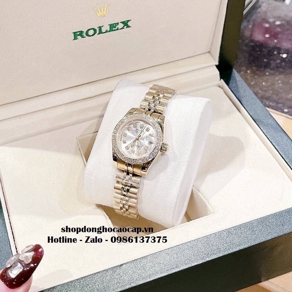 Đồng Hồ Rolex Cặp Nam Nữ Máy Pin Viền Đá Vàng Mặt Trắng 41mm - 28mm