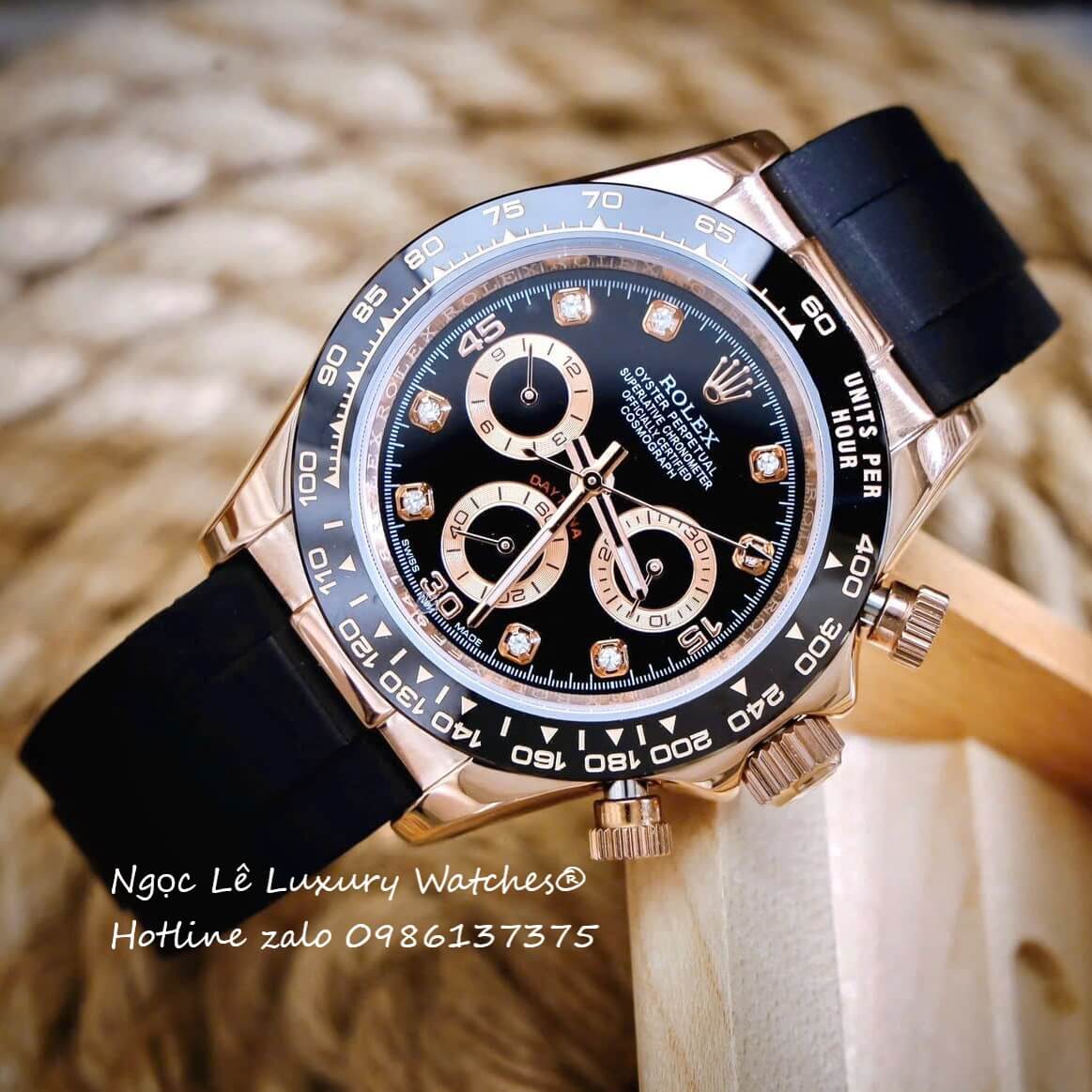 Đồng Hồ Rolex Cosmograph Daytona Automatic Dây Cao Su Đen Mặt Đen Rose Size 40mm