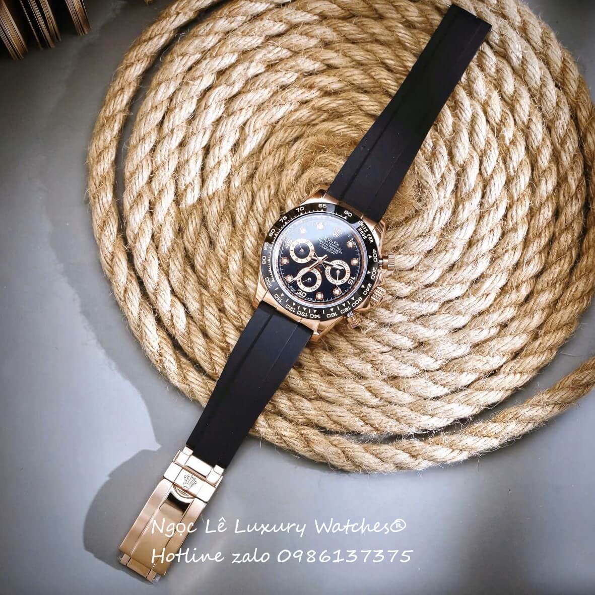 Đồng Hồ Rolex Cosmograph Daytona Automatic Dây Cao Su Đen Mặt Đen Rose Size 40mm