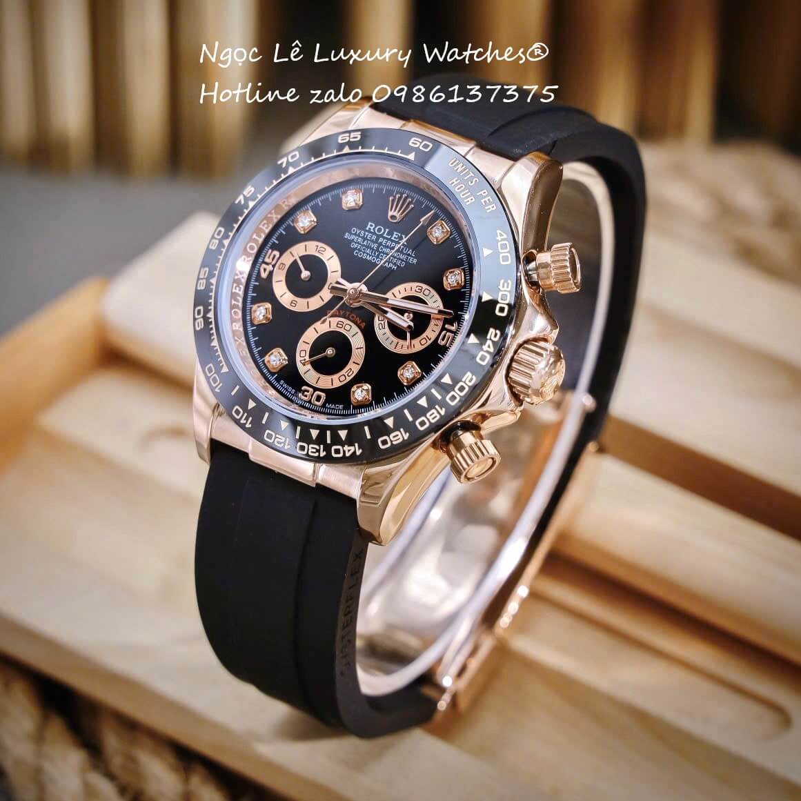 Đồng Hồ Rolex Cosmograph Daytona Automatic Dây Cao Su Đen Mặt Đen Rose Size 40mm