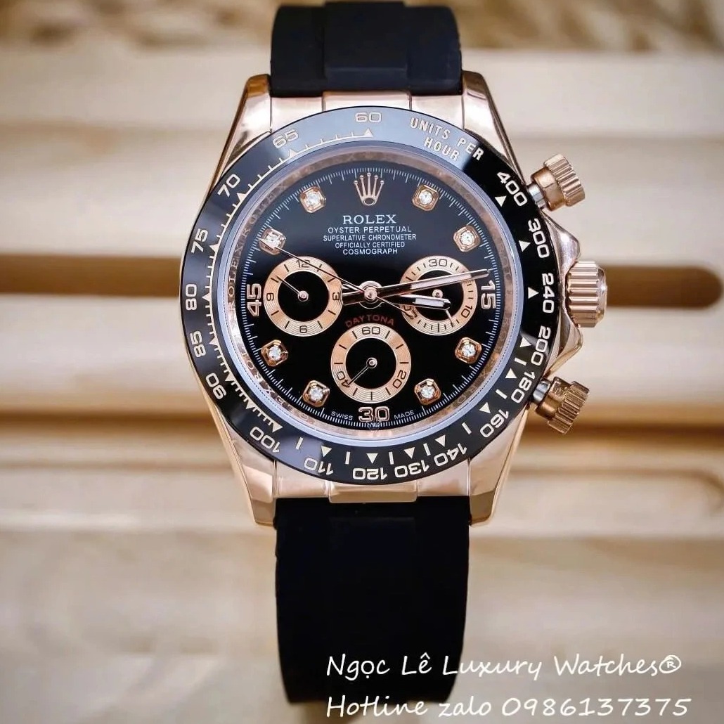 Đồng Hồ Rolex Cosmograph Daytona Automatic Dây Cao Su Đen Mặt Đen Rose Size 40mm