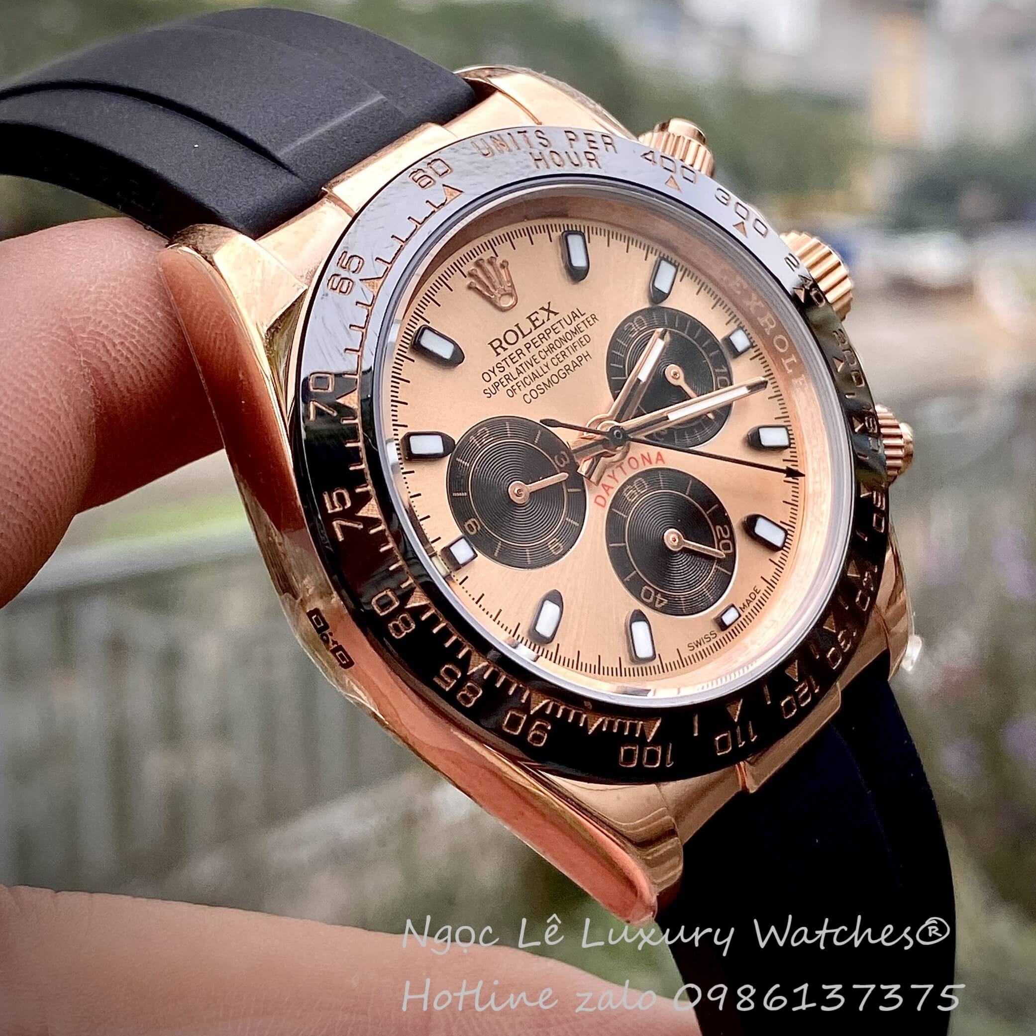 Đồng Hồ Rolex Cosmograph Daytona Automatic Dây Cao Su Đen Mặt Vàng Hồng Size 40mm