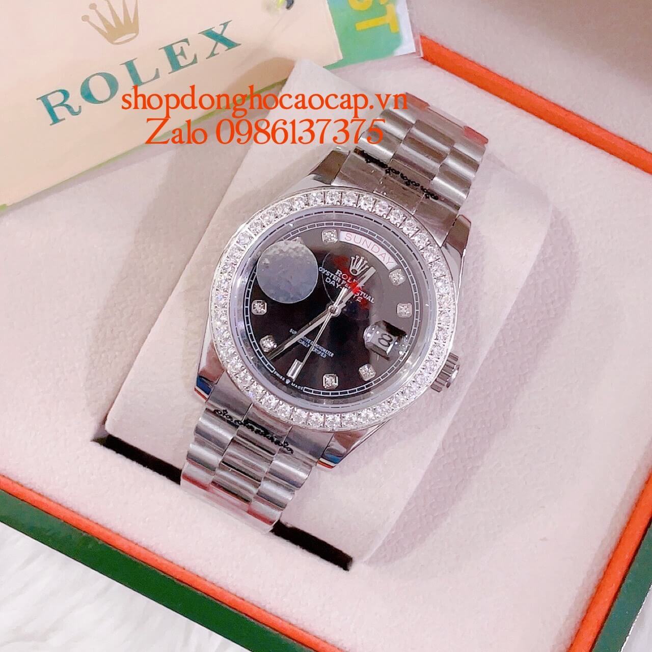 Đồng Hồ Rolex Day-Date Nam Automatic Màu Bạc Mặt Đen Viền Đá 41mm