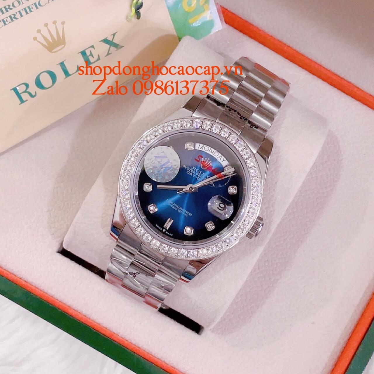Đồng Hồ Rolex Day-Date Nam Automatic Màu Bạc Mặt Xanh Viền Đá 41mm