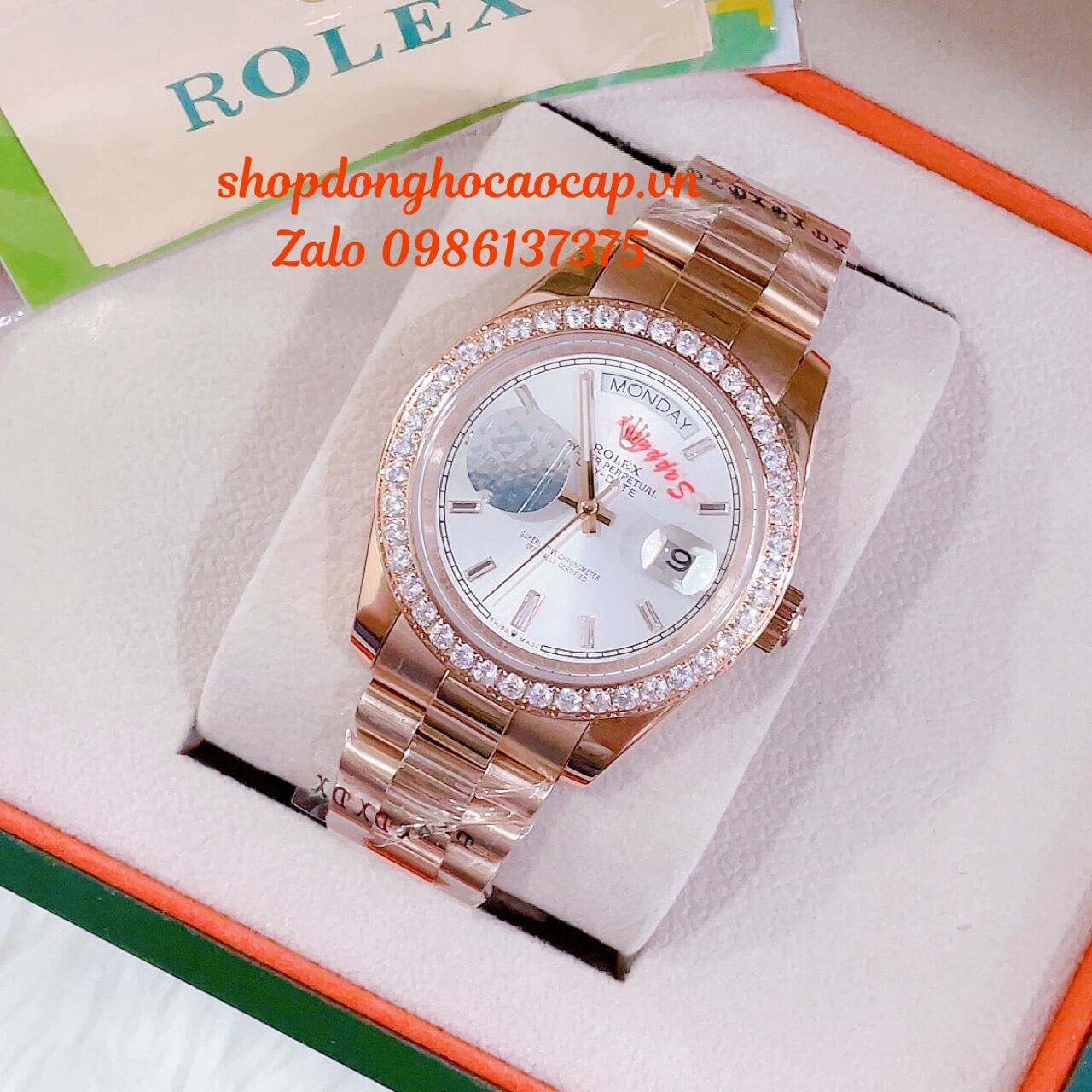 Đồng Hồ Rolex Day-Date Nam Automatic Vàng Hồng Chia Vạch Viền Đá 41mm
