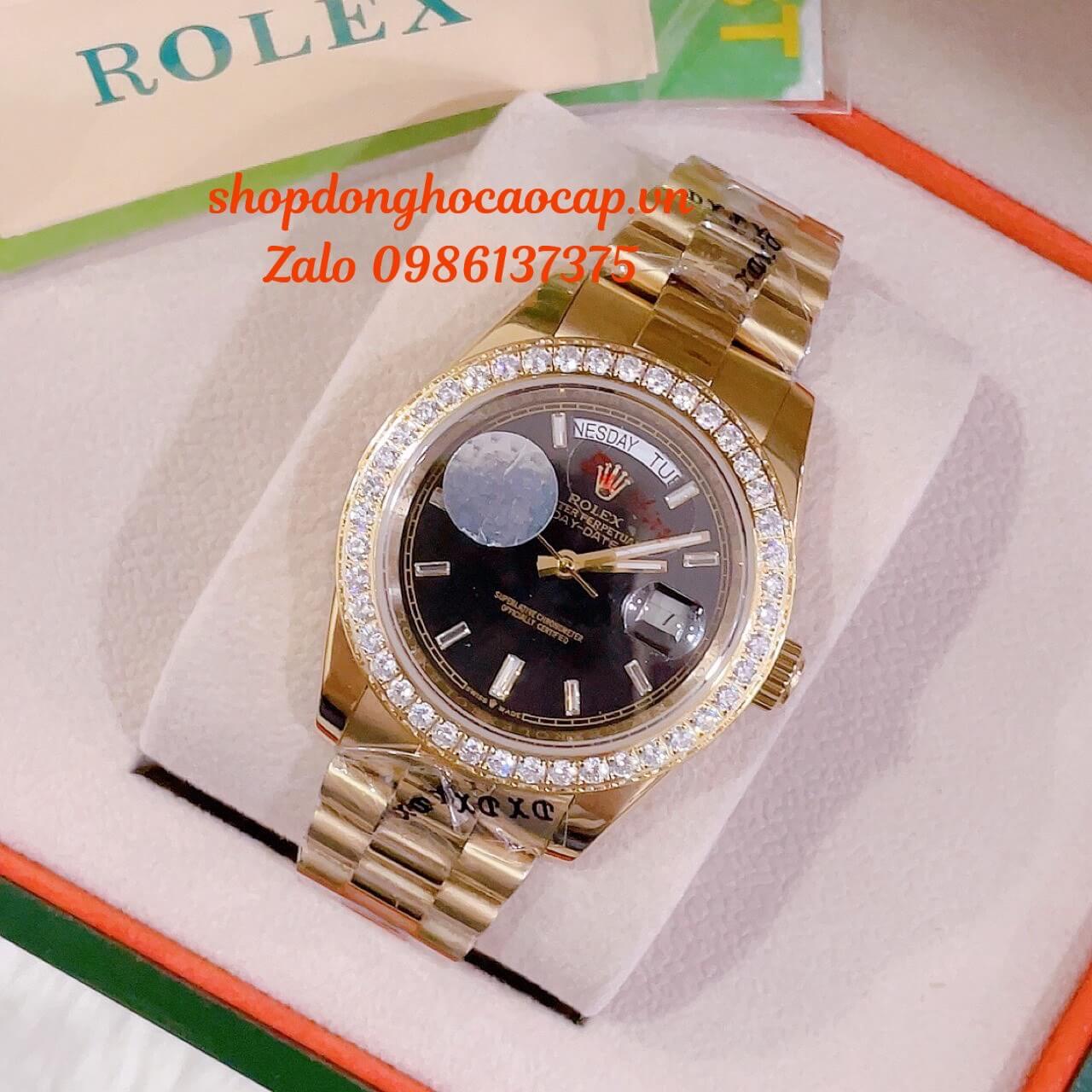 Đồng Hồ Rolex Day-Date Nam Automatic Vàng Mặt Đen Chia Vạch Viền Đá 41mm