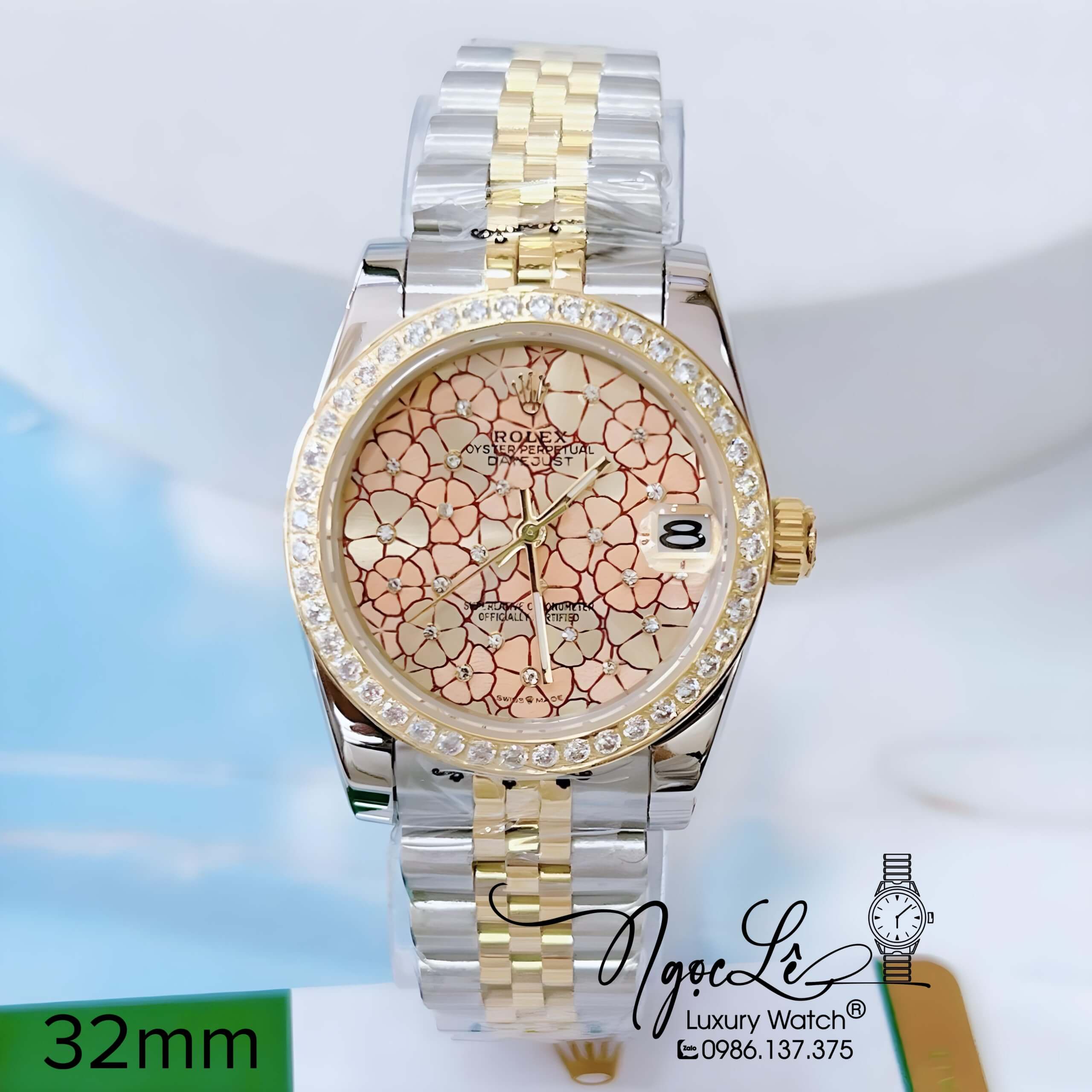 Đồng Hồ Nữ Rolex Datejust Pin Màu Demi Vàng Mặt Hoa Vàng Đính Đá Size 32mm