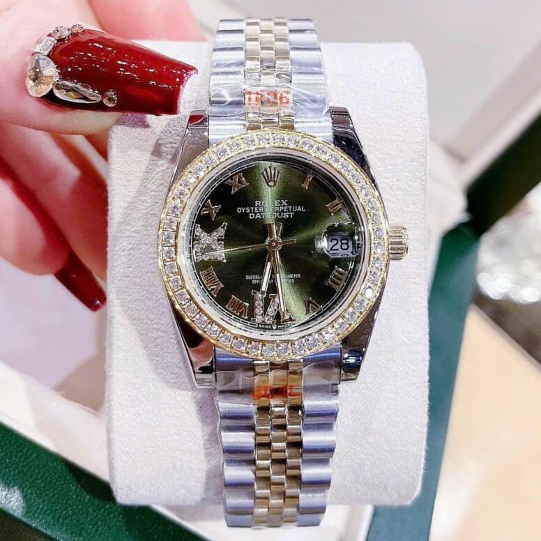 Đồng Hồ Rolex Datejust Nữ Máy Pin Màu Demi Gold Mặt Xanh Viền Đá 32mm