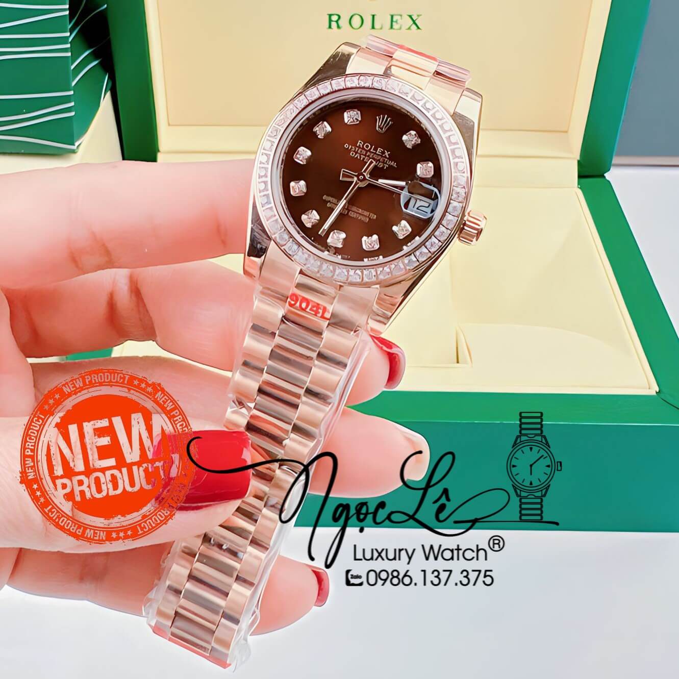 Đồng Hồ Nữ Rolex Datejust Pin Dây Kim Loại Rose Mặt Nâu Đính Đá Size 32mm