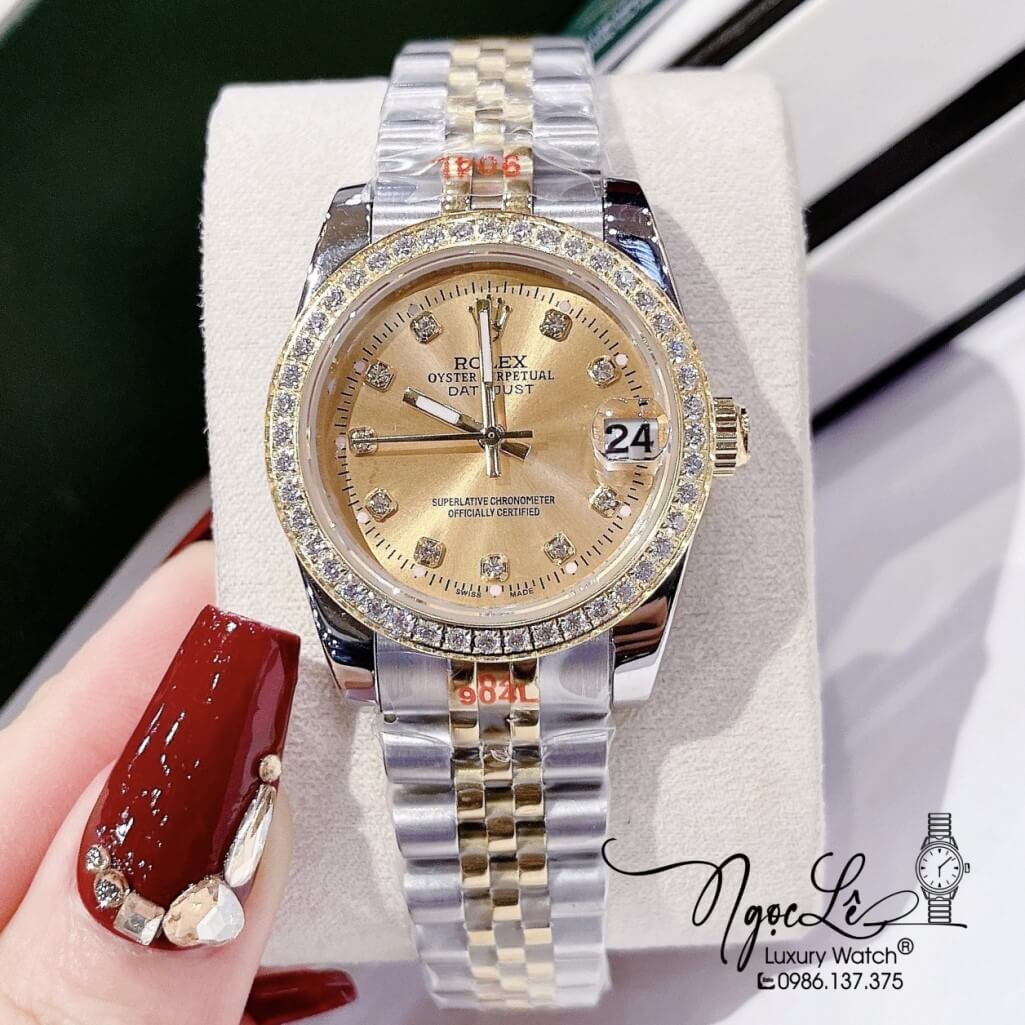 Đồng Hồ Rolex Datejust Nữ Máy Pin Màu Demi Gold Viền Đá 32mm