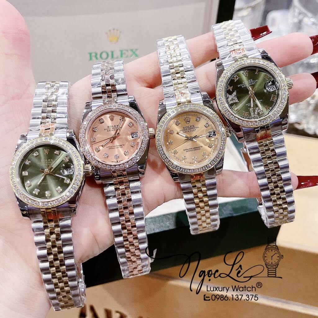 Đồng Hồ Rolex Datejust Nữ Máy Pin Màu Demi Gold Mặt Xanh Viền Đá 32mm