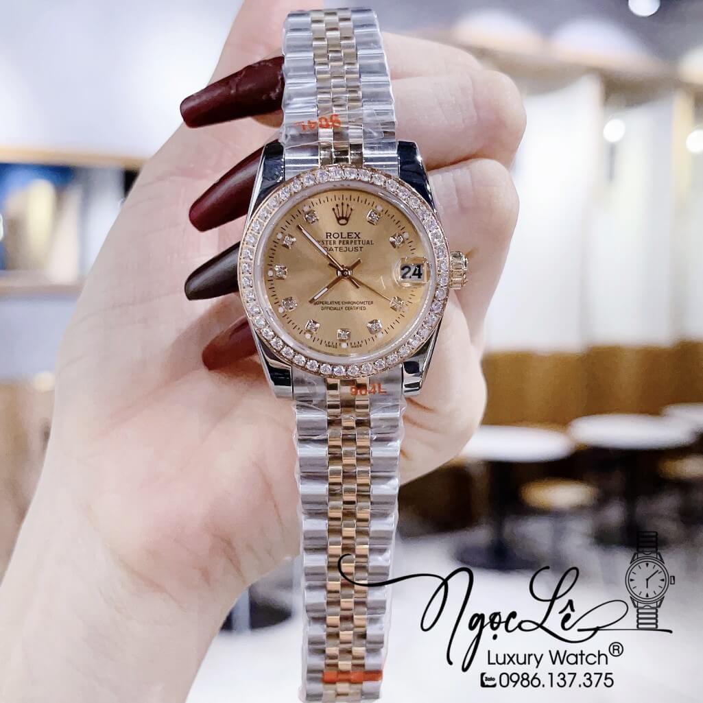 Đồng Hồ Rolex Datejust Nữ Máy Pin Màu Demi Rose Viền Đá 32mm