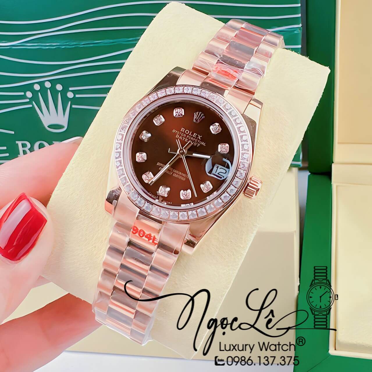 Đồng Hồ Nữ Rolex Datejust Pin Dây Kim Loại Rose Mặt Nâu Đính Đá Size 32mm