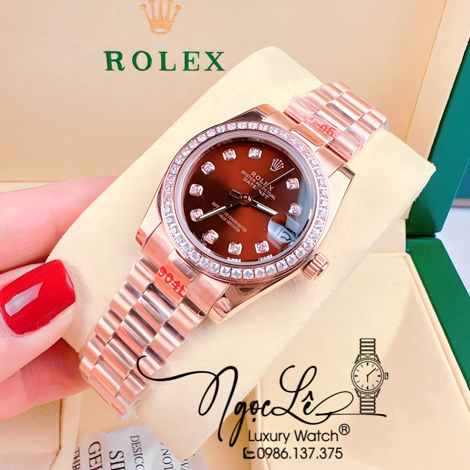 Đồng Hồ Nữ Rolex Datejust Pin Dây Kim Loại Rose Mặt Nâu Đính Đá Size 32mm