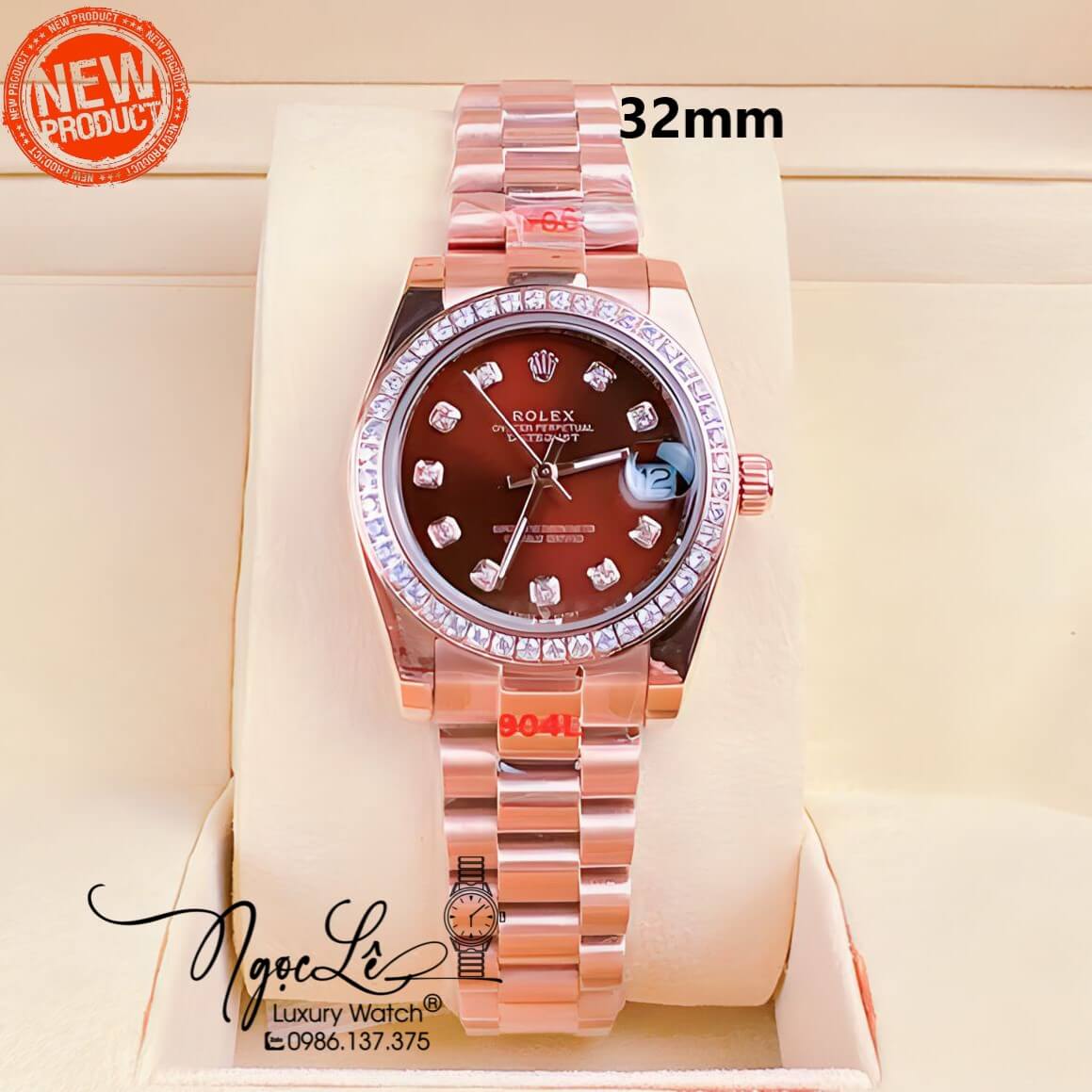 Đồng Hồ Nữ Rolex Datejust Pin Dây Kim Loại Rose Mặt Nâu Đính Đá Size 32mm