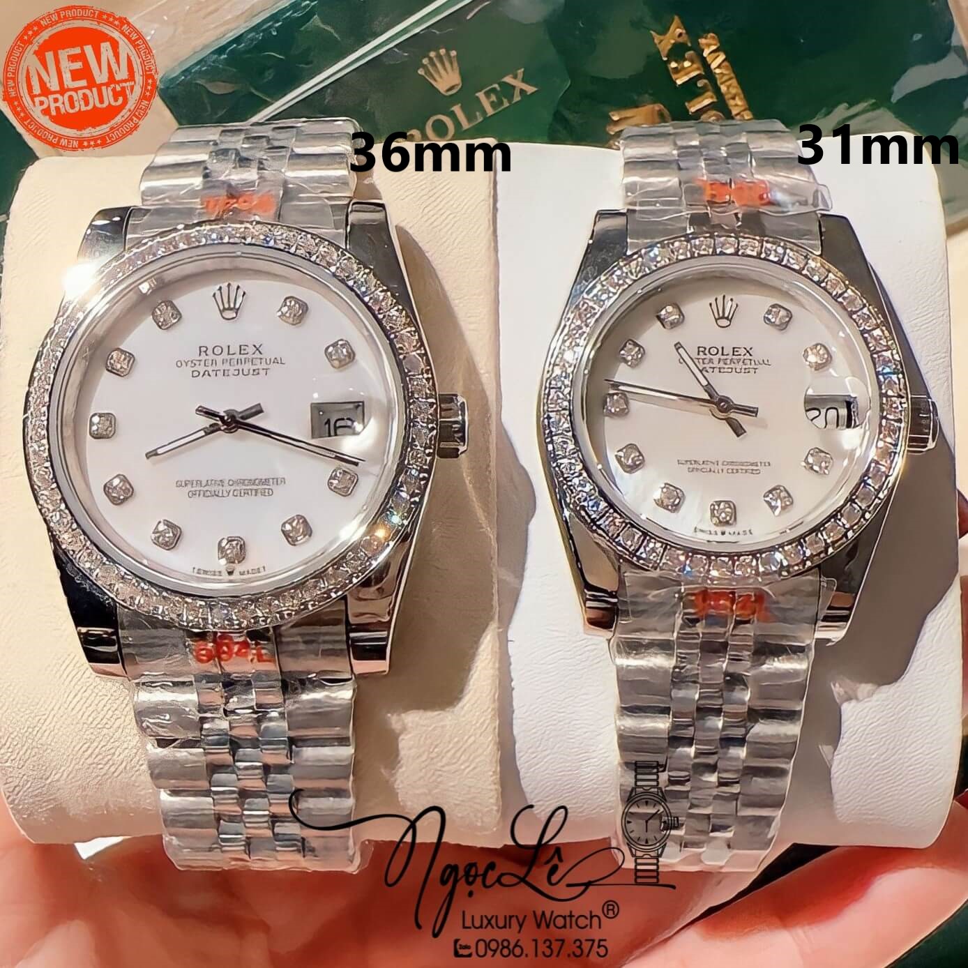 Đồng Hồ Cặp Rolex Datejust Pin Dây Kim Loại Bạc Mặt Xà Cừ Đính Đá 36mm - 31mm