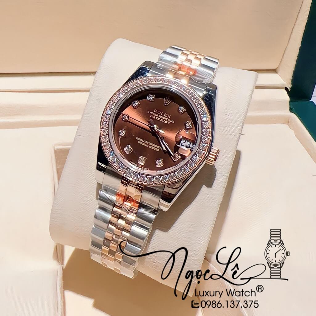 Đồng Hồ Rolex Datejust Nữ Máy Pin Màu Demi Rose Mặt Nâu Viền Đá 32mm