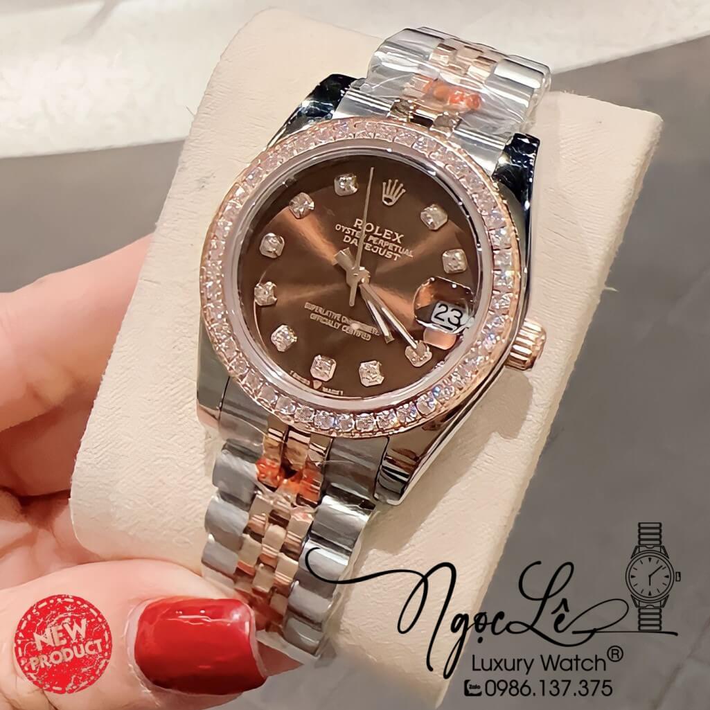 Đồng Hồ Rolex Datejust Nữ Máy Pin Màu Demi Rose Mặt Nâu Viền Đá 32mm