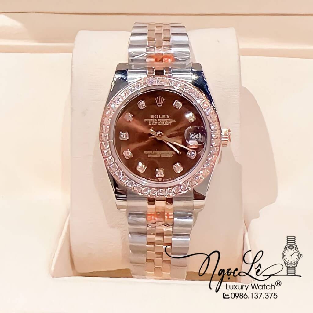 Đồng Hồ Rolex Datejust Nữ Máy Pin Màu Demi Rose Mặt Nâu Viền Đá 32mm