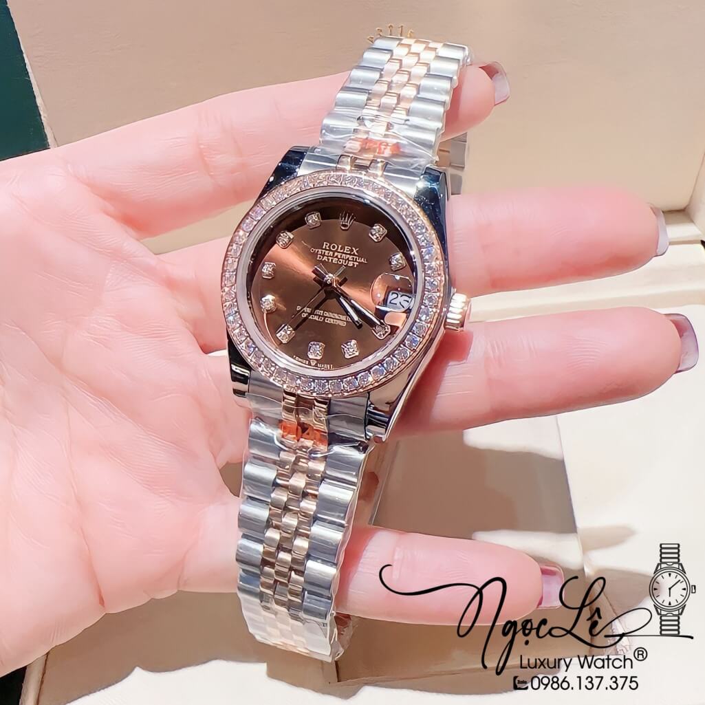 Đồng Hồ Rolex Datejust Nữ Máy Pin Màu Demi Rose Mặt Nâu Viền Đá 32mm
