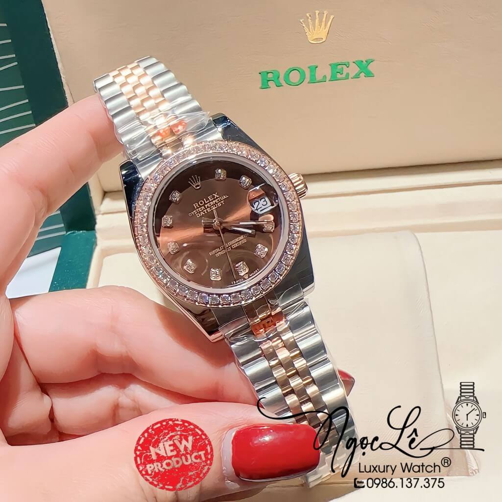 Đồng Hồ Rolex Datejust Nữ Máy Pin Màu Demi Rose Mặt Nâu Viền Đá 32mm