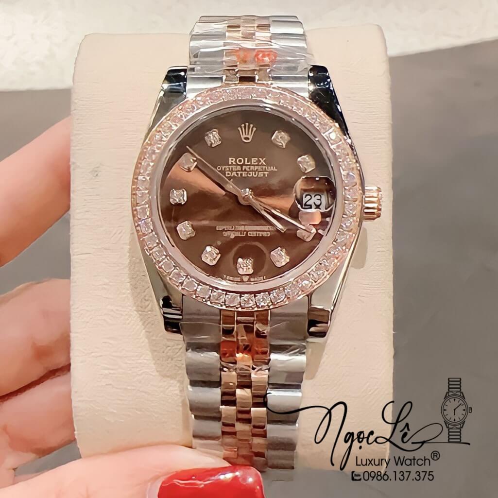 Đồng Hồ Rolex Datejust Nữ Máy Pin Màu Demi Rose Mặt Nâu Viền Đá 32mm