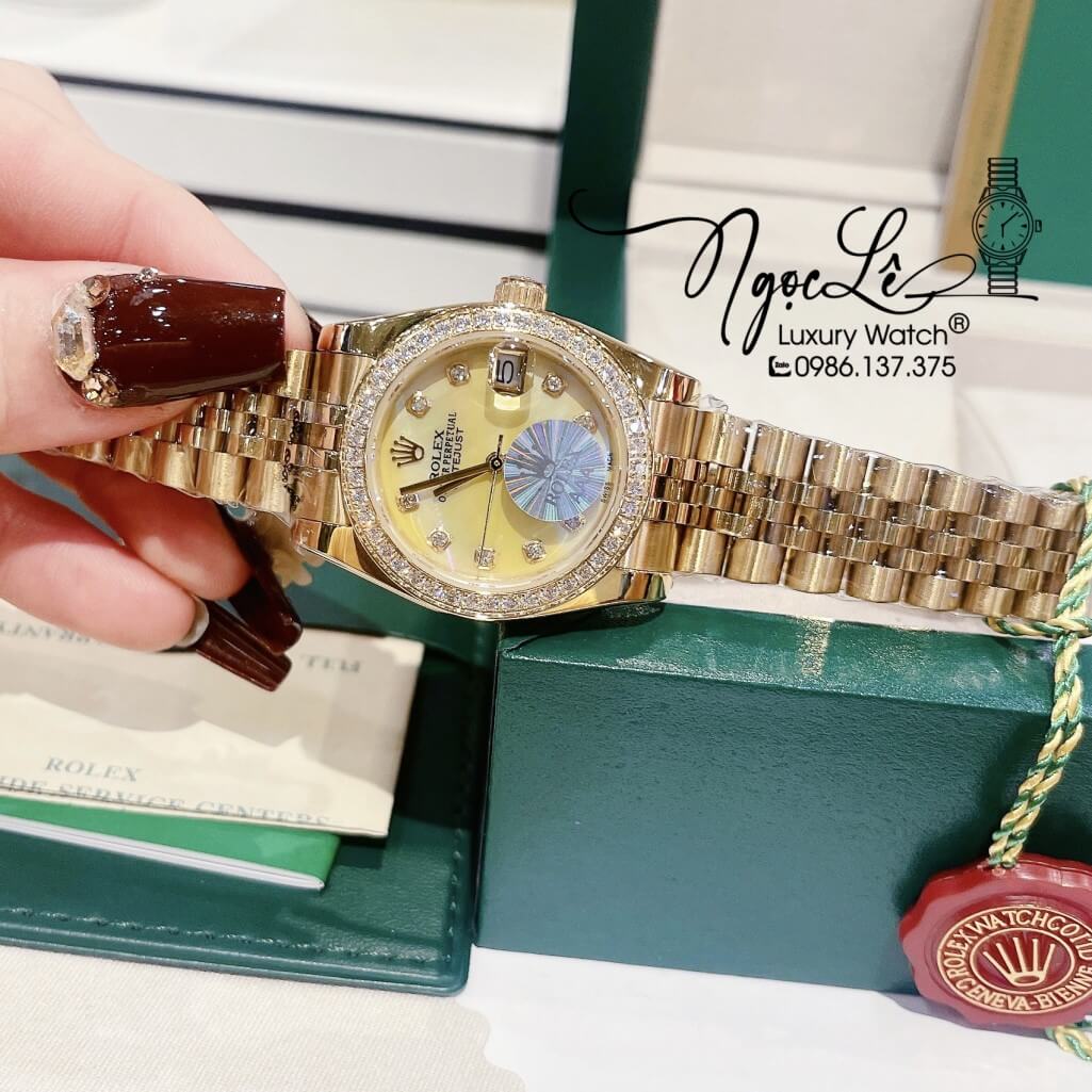 Đồng Hồ Rolex Datejust Nữ Máy Pin Màu Gold Viền Đá 32mm