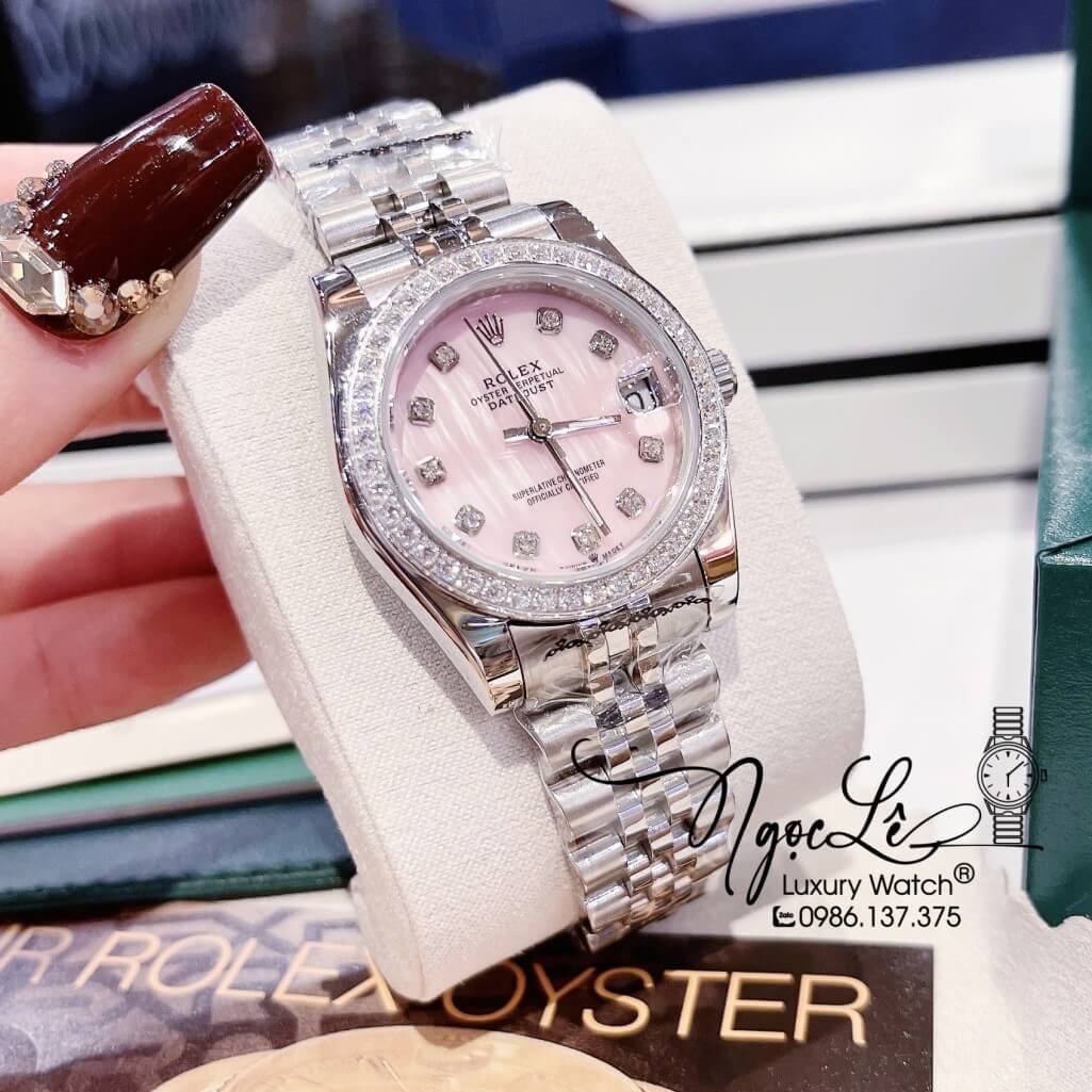 Đồng Hồ Rolex Datejust Nữ Máy Pin Màu Bạc Mặt Hồng Xà Cừ Viền Đá 32mm