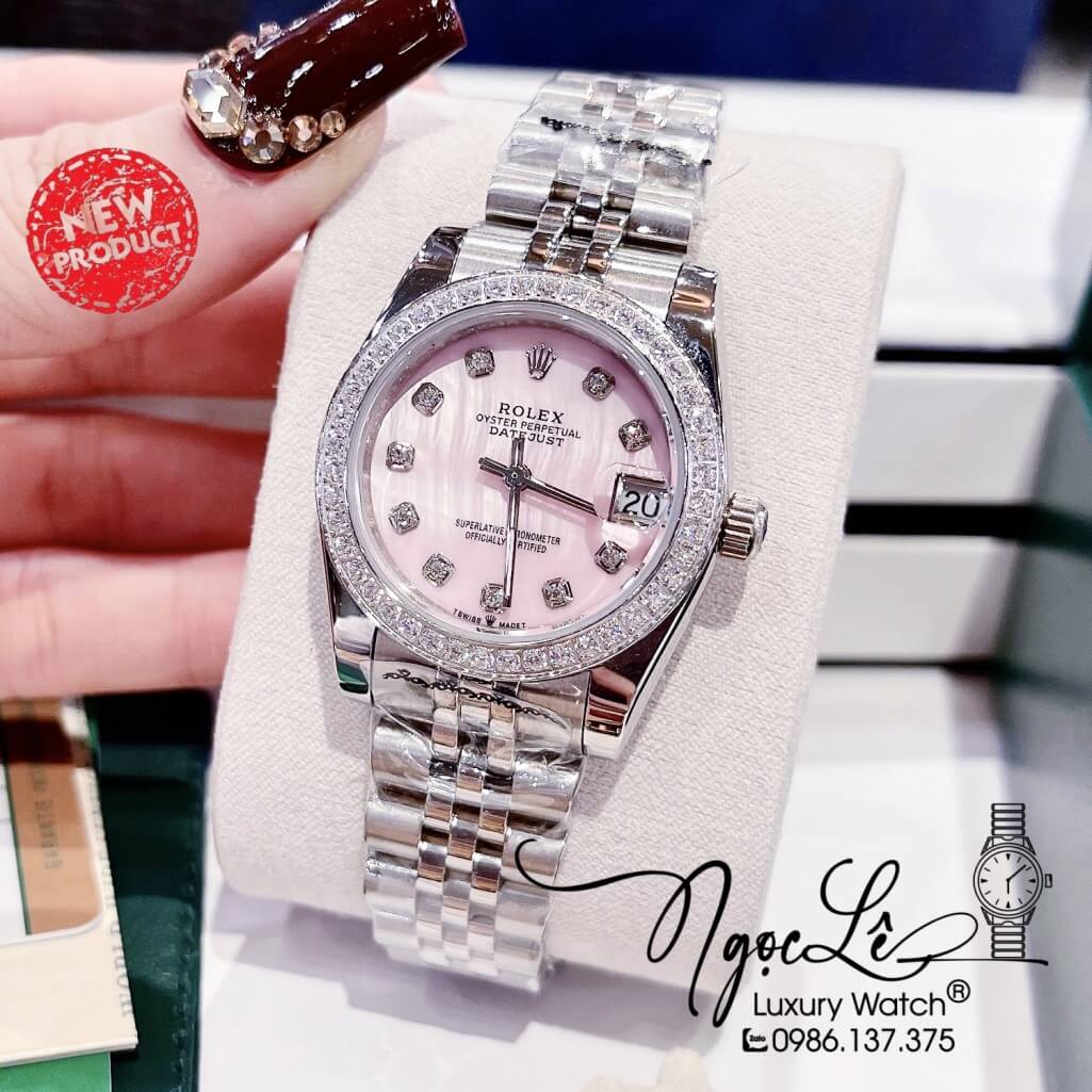 Đồng Hồ Rolex Datejust Nữ Máy Pin Màu Bạc Mặt Hồng Xà Cừ Viền Đá 32mm